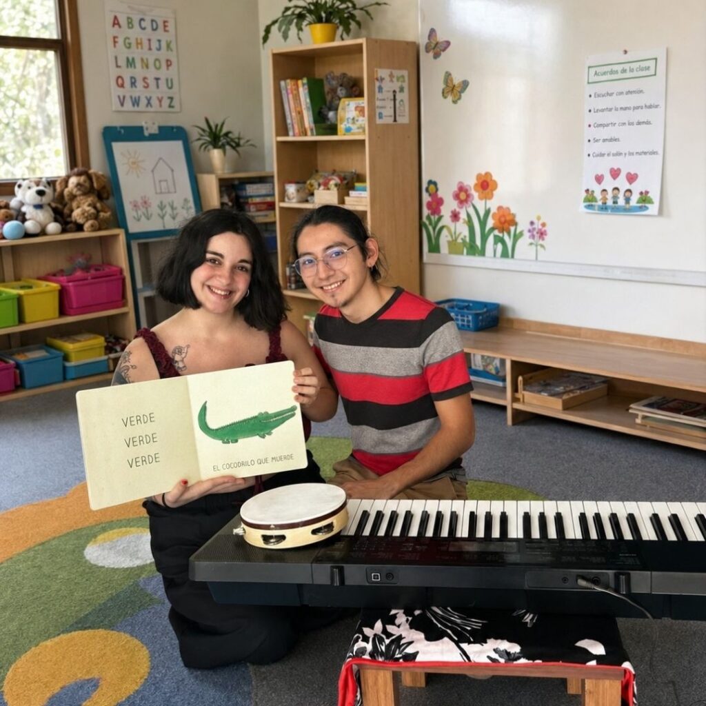 Irene De Pascalis posa vicino a degli strumenti in compagnia del marito tenendo un libro per bambini tra le mani